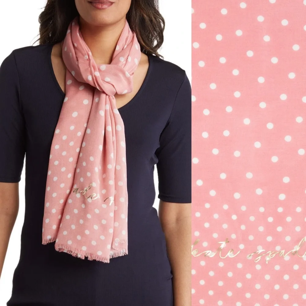 🔥 1 hour sale. Kate Spade, polka dot scarf, pink white with gold foil letters - Picture 2 of 5